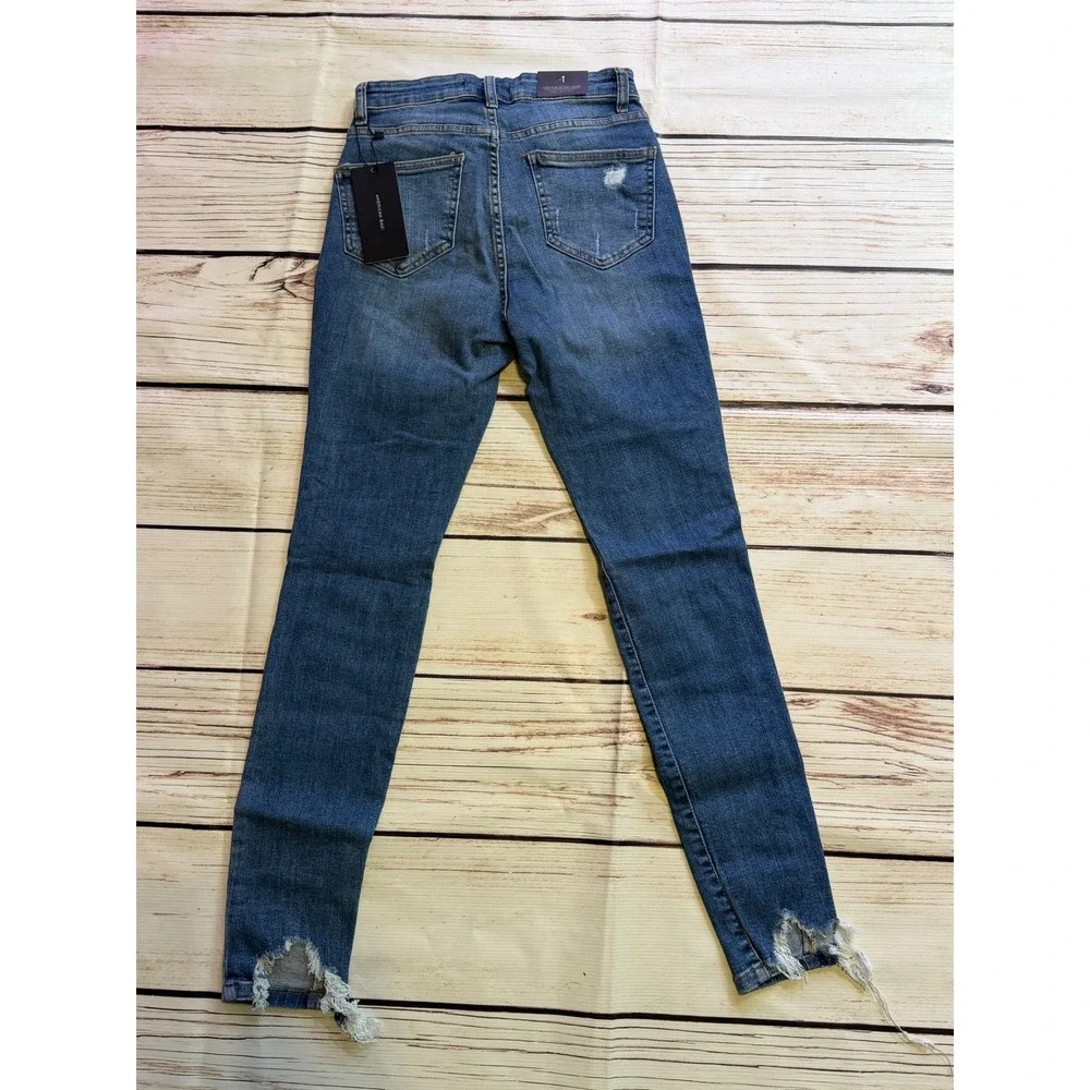 American Bazi High Rise Skinny Jeans Distressed Frayed Hem‎ Blue Denim Women